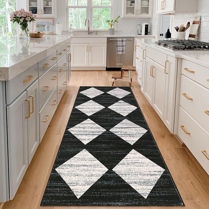 GarveeHome Kitchen Runner Rug Black Washable Rug for Front Door Entryway Hallway Distressed Checkered Mat Low Pile Neutral Area Rugs Non Slip Farmhouse Rugs 2x6