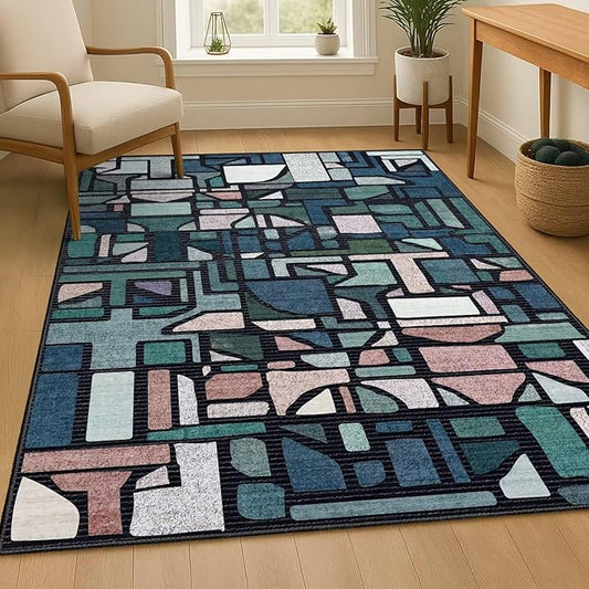 DEXDE Area Rug 3x5, Vintage Checkered Abstract Rugs for Living Room, Washable Modern Non Slip Soft Low Pile Indoor Floor Carpet for Bedroom Office Nursery Bedside Dining, Blue