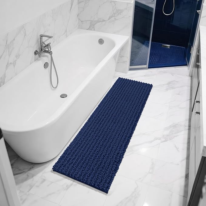 Yimobra Bathroom Runner Rug 60x24 Inch - Extra Long Non Slip Chenille Bath Mat, Soft & Absorbent, Machine Washable Shaggy Hallway Carpet for Vanity Tub Shower, Navy Blue Home Decor Accessories