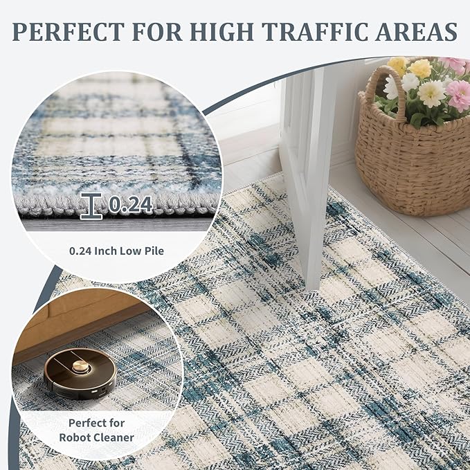 Modern Plaid Area Rugs 9x12 Living Room Washable Soft Rugs for Bedroom Tartan Large Rug Non Slip Throw Rugs Stain Resistant Carpet for Dining Room Office Nursery Rug 9'x12' Green/Beige
