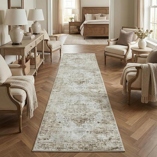 2x10 Area Rugs for Living Room, Washable Runner Rugs for Bedroom, Entryway Hallways Clearance Kitchen Indoor Boho Carpet, Beige Office Rug (Warm Beige, 2' x 10' (Rectangular))