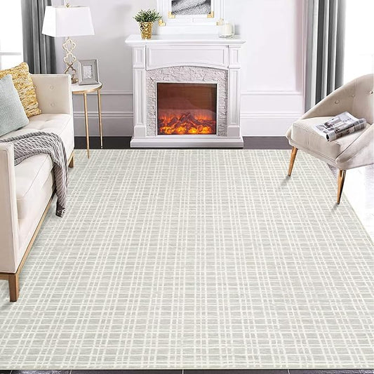 GAOMON 9x12 Washable Modern Checkered Area Rug Indoor Plaid Print Floor Cover Soft Faux Wool Throw Carpet Aesthetic Foldable Thin Non-Slip Accent for Living Room Bedroom Light Grey
