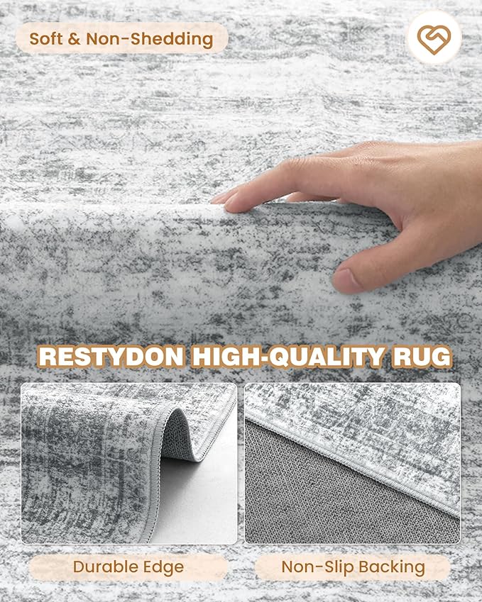 5x7 Area Rugs, Ultra-Thin Washable Rugs for Living Room, Anti-Slip Backing Area Rug for Bedroom, Soft Abstract Vintage Home Decor Rug for Dining Room(5'x7', Grey/Ivory)