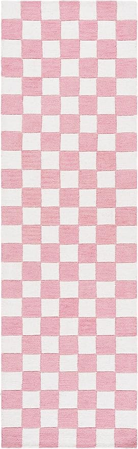 SAFAVIEH Ebony Collection Runner Rug - 2'3" x 8', Pink & Ivory, Handmade Wool, Checkered Pattern, Ideal for Living Room, Hallway, Foyer, Bedroom (EBN175U-28)