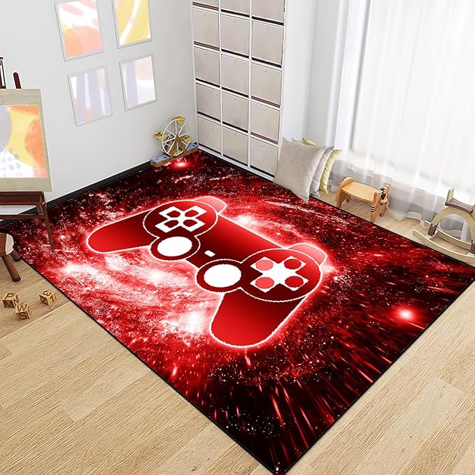 BATATADOCE Video Game Rug, 3D Printed Gamepad Controller Area Rugs for Bedroom Boys Living Room Red Large Cool Gamer Rugs Gaming Art Design Home Decor Crystal Doormat Yoga Mats, 47"x39"