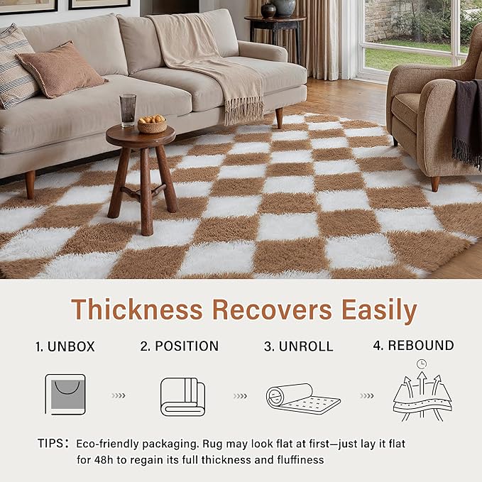 2x6 Checkered Rug for Living Room Brown and White Soft Fluffy Shag Runner Rug Bedroom Vintage Plush High Pile Fuzzy Carpet Non Slip Runner for Hallway Beside Sofa