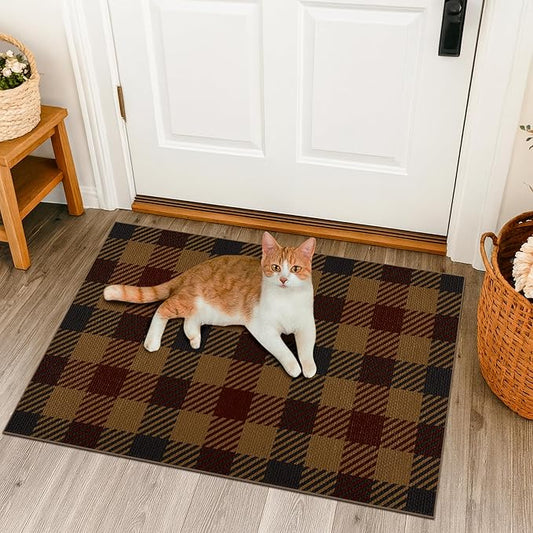 JTJ 2x3 Vintage Door Mats Indoor Entrance - Easy Jute Fall Rugs, Balcony, Kitchen, Mudroom, Washable Earthy Brown and Red Checkered Elegence Décor