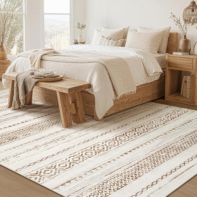 Area Rug Living Room Rugs - 9x12 Washable Boho Farmhouse Bohemian Neutral Large Moroccan Geometric Soft No Slip Indoor Thin Floor Carpet for Bedroom Under Dining Table Home Office - Square Brown