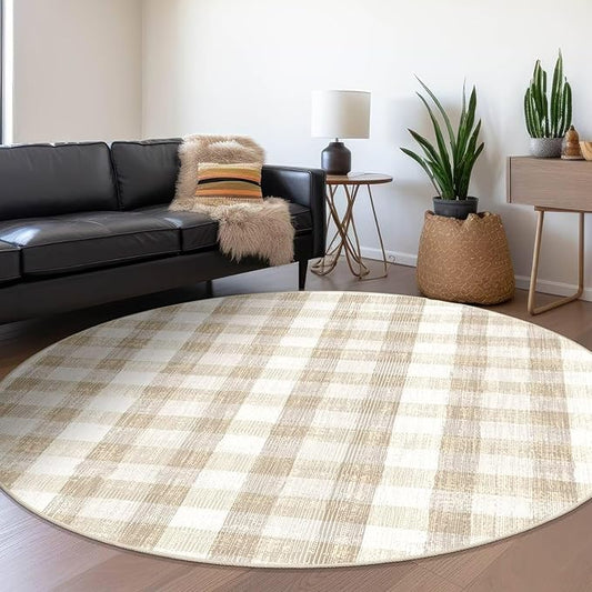 COLORPAPA Checkered Area Rug 6 Ft, Washable Round Rugs for Living Room, Modern Neutral Non Slip Indoor Carpet for Bedroom Office Patio Dining Room (Beige)