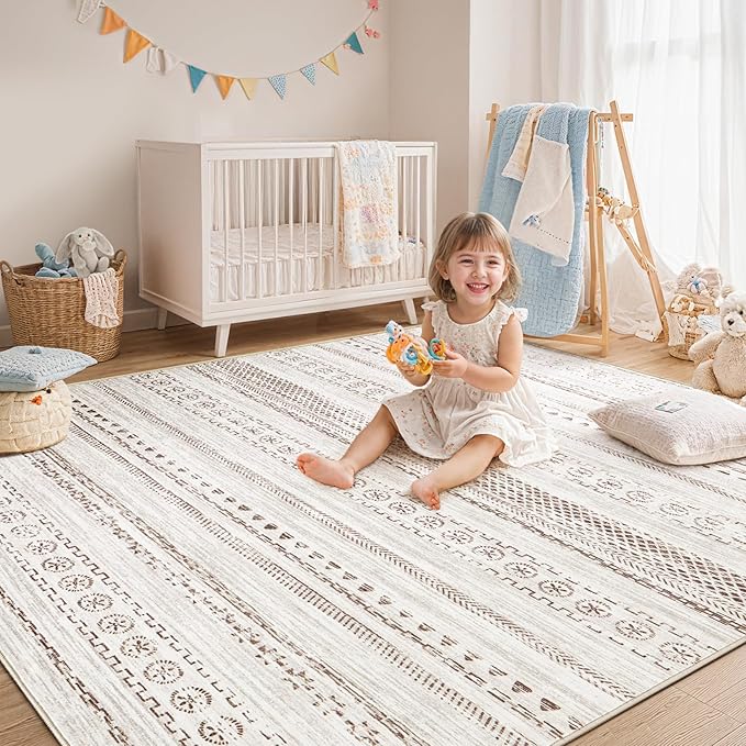 Area Rug Living Room Rugs - 10X12 Washable Boho Farmhouse Bohemian Neutral Large Moroccan Geometric Soft No Slip Indoor Thin Floor Carpet for Bedroom Under Dining Table Home Office - Brown