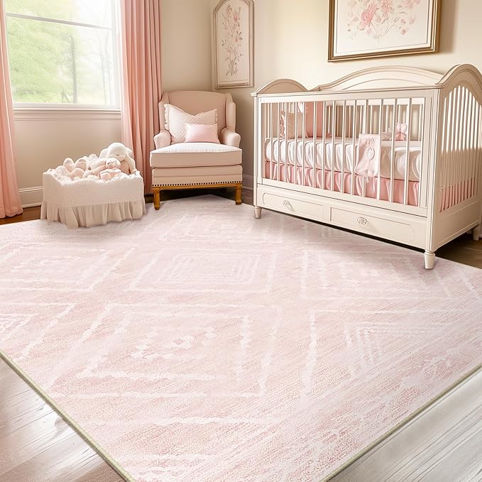 Area Rug 5x7 Rug Machine Washable Non-Slip Low Pile Print Pattern Western Rug for Living Room Bedroom Entryway Tribal Series -Light Pink/Cream