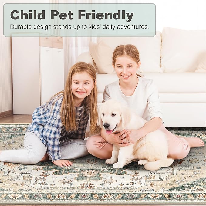 Area Rugs 5x7, Washable Rugs for Living Room, Non-Slip Rug, Boho Medallion Rug, Distressed Carpet, Low Pile Boho Rugs for Bedroom Dining Room