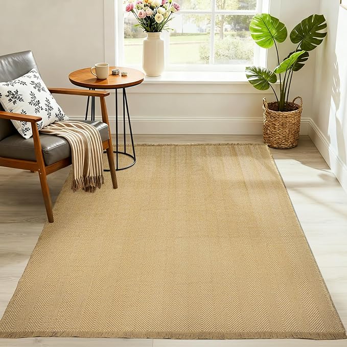 BESTSWEETIE 4x6 Washable Rug Hand-Woven Low Pile Soft Modern Farmhouse Bohemian Decor Reversible Braided Rugs with Tassels Throw Carpet for Living Room Bedroom Entryway Bathroom, Natural Jute