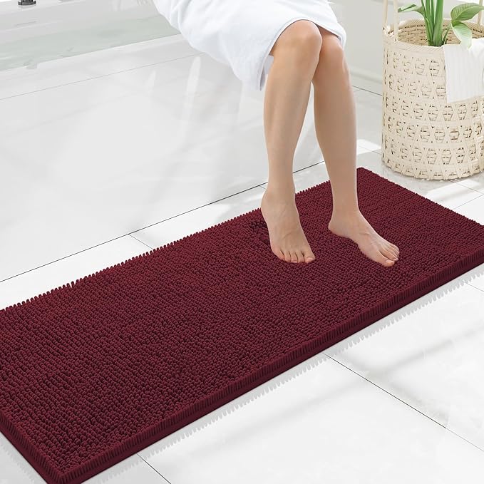 Smiry Luxury Chenille Bathroom Rugs 47x17, Extra Soft and Absorbent Shaggy Bath Mat, Machine Washable, Non-Slip Plush Carpet Runner for Tub, Shower, and Floor, Home Decor Accessories, Burgundy