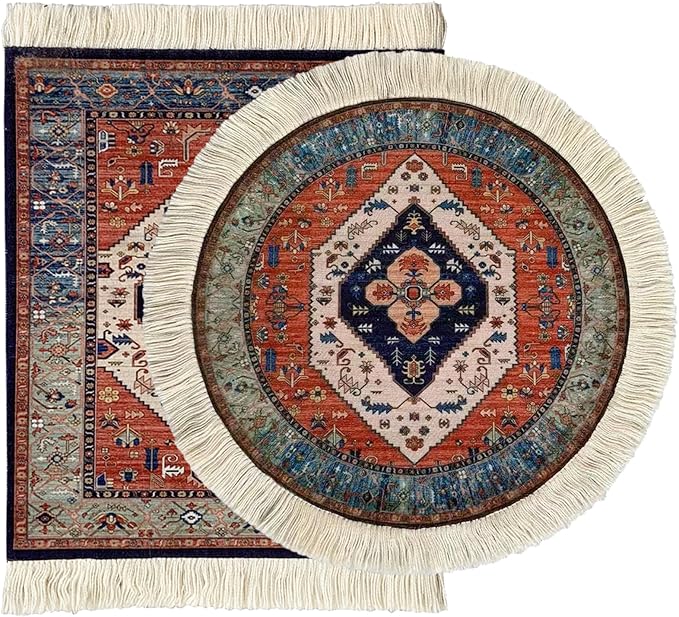 2Pcs Persian Style Carpet Mouse Pad Set – Vintage Bohemian Rug Desk Pads, Non-Slip Computer Mouse Mats with Fringed Edges, Rectangular & Round Designs, Elegant Decor for Home & Office Accessories