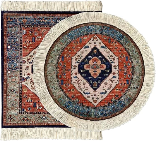2Pcs Persian Style Carpet Mouse Pad Set – Vintage Bohemian Rug Desk Pads, Non-Slip Computer Mouse Mats with Fringed Edges, Rectangular & Round Designs, Elegant Decor for Home & Office Accessories