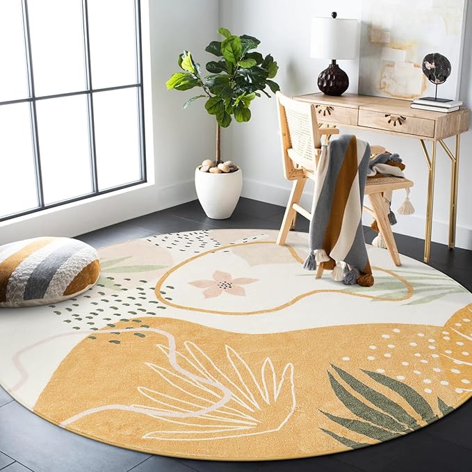 Lahome Boho Round Rugs - 6Ft Round Rug Washable Soft Circle Rugs for Living Room Non-Slip Ultra-Thin Large Round Dining Room Rug, Botanical Print Floor Throw Round Carpet for Bedroom Office Dorm Sofa