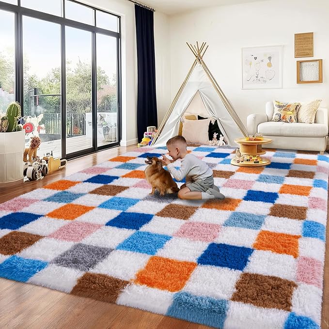 Checkered Rug 4x6 for Bedroom, Fluffy Plush Area Rug Non Slip, Modern Indoor Shag Rugs for Living Room Girls Kids Room Nursery Dorm Home Decor, Colorful Rainbow Carpet