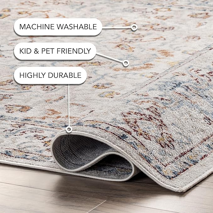 nuLOOM SpinClean Cady Beige/Ivory, 6'7" x 9', Vintage Oriental, Soft and Cozy, High Traffic, Stain Resistant, Easy Clean, Durable, Machine Washable Runner for Bedroom, Living Room, Dining, Foyer