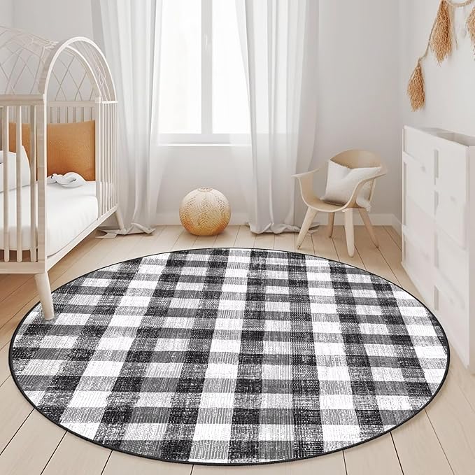 COLORPAPA Checkered Area Rug 4 Ft, Washable Round Rugs for Living Room, Modern Neutral Non Slip Indoor Carpet for Bedroom Office Patio Dining Room (Black and White)