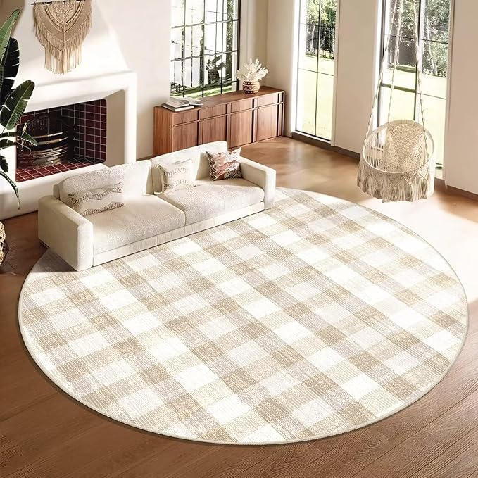 COLORPAPA Checkered Area Rug 9 Ft, Washable Round Rugs for Living Room, Modern Neutral Non Slip Indoor Carpet for Bedroom Office Patio Dining Room (Beige)