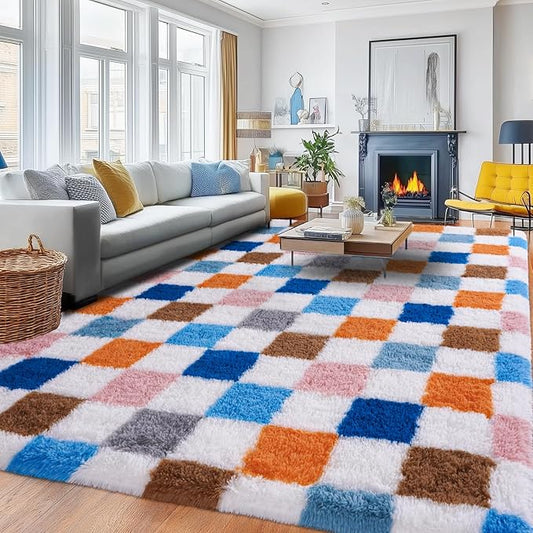 Checkered Rug for Living Room 8x10, Fluffy Shag Area Rug for Bedroom, Ultra Soft Plush Modern Carpet Non-Slip for Kids Room Dorm Nursery Home Decor, Colorful Rainbow