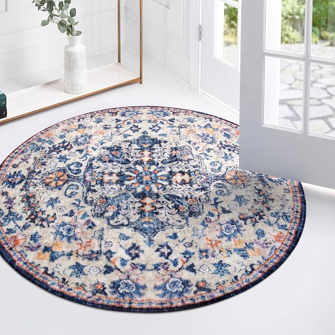 Lahome Bohemian Round Rug 3Ft Small Bedroom Round Area Rug Soft Bathroom Circle Mat, Vintage Machine Washable Non Slip Low Pile Indoor Floor Carpet for Kitchen Laundry Entryway, Blue Purple/Multi