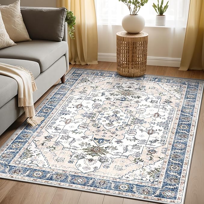 Area Rugs 5x7, Washable Rugs for Living Room, Non-Slip Rug, Boho Medallion Rug, Distressed Carpet, Low Pile Boho Rugs for Bedroom Dining Room