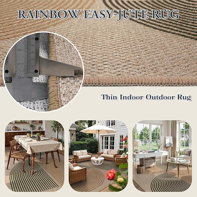 Lahome Modern Rainbow Easy Jute Rug, 8x10 Living Room Rug Indoor Outdoor Patio Farmhouse Large Area Rug, Contemporary Non Slip Non Shedding Carpet for Bedroom Backyard Dining Room
