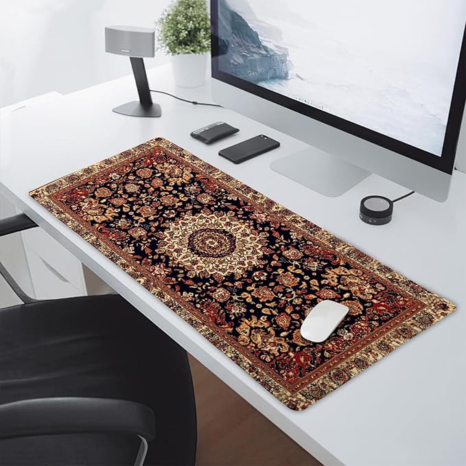 Vintage Rug Gaming Mouse Pad XXL Dark Brown Retro Carpet Aesthetic Extended Large Mat Mousepad Desk Pad Non-Slip Rubber Base Stitched Edge Flower Keyboard Pad Playmat for Computer,35.4×15.7 Inch
