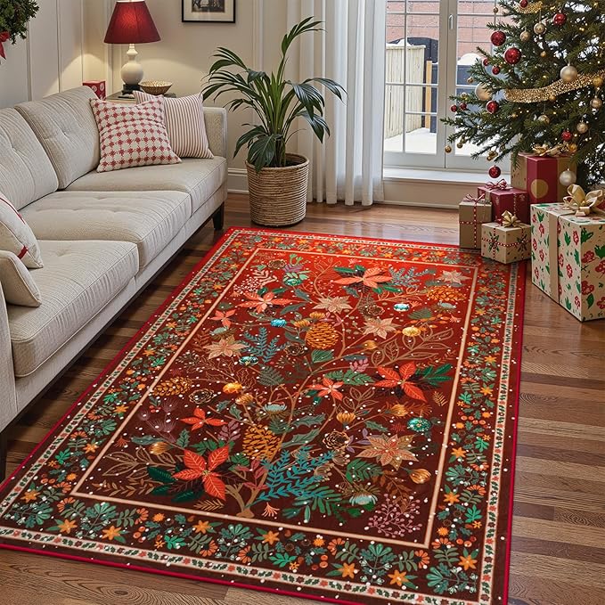 Anidaroel Christmas Area Rug 5x7, Botanical Floral Washable Xmas Rugs for Living Room Holiday Decor, Non-Slip Soft Modern Bedroom Rug, Low Pile Indoor Throw Carpet for Nursery, Home Office, Red
