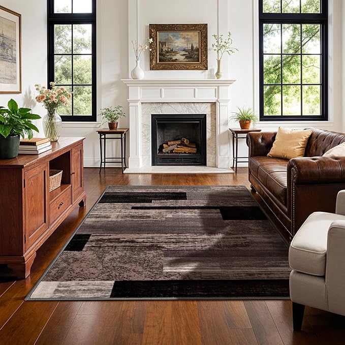 3x5 Washable Area Rugs for Living Room and Bedroom, Vintage Checkered Pattern Non-Slip Carpet, Stain Resistant Low Pile Soft Rug for Dining Room,Office,Nursery,Kids Room(3x5,Chocolate)