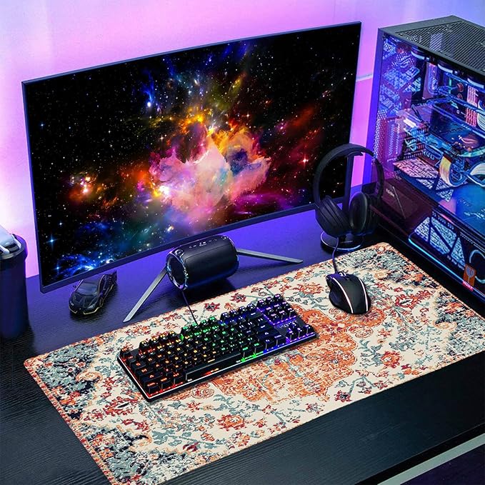 Orange Teal Boho Gaming Mouse Pad Extended 20x14 Inch Rug Carpet Bohemian Retro Large Desk Mat Big Mousepad Non-Slip Rubber Base Stitched Edge Long Desk Pad for Desktop Office PC Gamer,60x35 cm