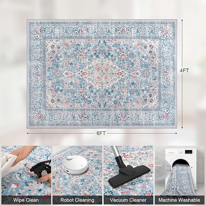 4x6 Blue Washable Boho Area Rug for Bedroom, Vintage Floral Non Slip Living Room Rugs, Soft Low Pile Indoor Mat, Aesthetic Pattern Carpet for Kitchen, Dining Room and Bedside