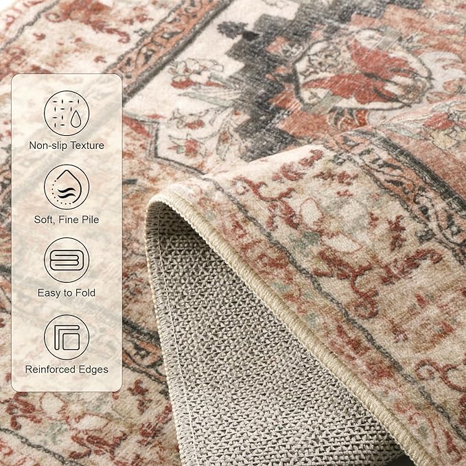Area Rugs 5x7, Washable Rugs for Living Room, Non-Slip Rug, Boho Medallion Rug, Distressed Carpet, Low Pile Boho Rugs for Bedroom Dining Room