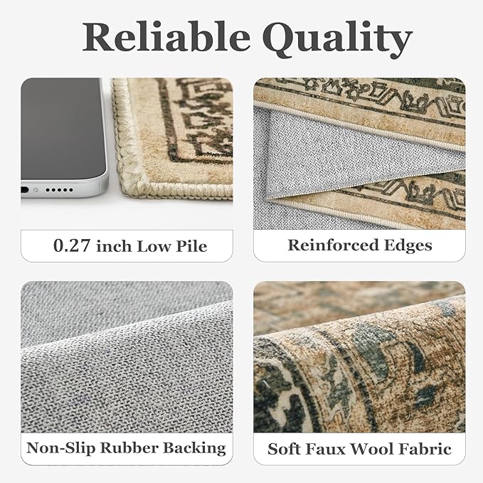 Washable Round Rugs 5ft, Low Pile Thin Circle Entryway Rugs Non Slip, Traditional Medallion Printed Circle Carpet 5 feet for Bedroom Living Room Kitchen Dining Room, Multi Brown/Green
