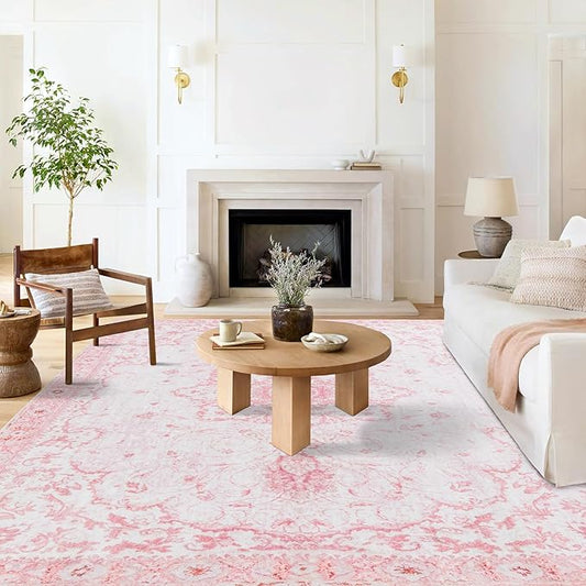 Area Rug 8x10 - Vintage Floral Honeycomb Non Slip Backing Carpet - Pink Softer Thicker Faux Wool Rug - Foldable & Machine Washable Rugs for Living Room Bedroom Dining Room Home Office