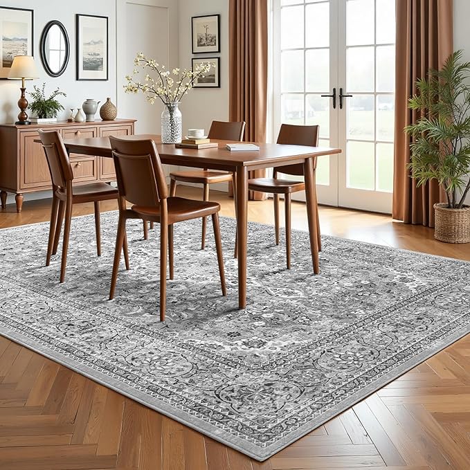 5x7 Grey Washable Boho Area Rug for Bedroom, Vintage Floral Non Slip Living Room Rugs, Soft Low Pile Indoor Mat, Aesthetic Pattern Carpet for Kitchen and Dining Room