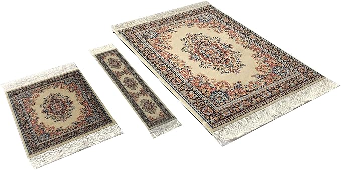 3-Piece Carpet-Style Desk Set – Beige Brown Mouse Pad, Mini Rug Coaster & Bookmark, Colorful Elegant Office Accessories, Novelty Gift