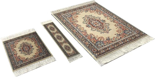 3-Piece Carpet-Style Desk Set – Beige Brown Mouse Pad, Mini Rug Coaster & Bookmark, Colorful Elegant Office Accessories, Novelty Gift