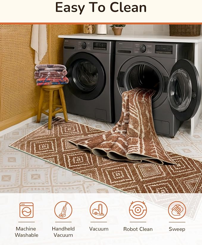Area Rug 9x12 Rug Machine Washable Non-Slip Low Pile Print Pattern Western Rug for Living Room Bedroom Entryway Tribal Series -Yellowbrown/Cream