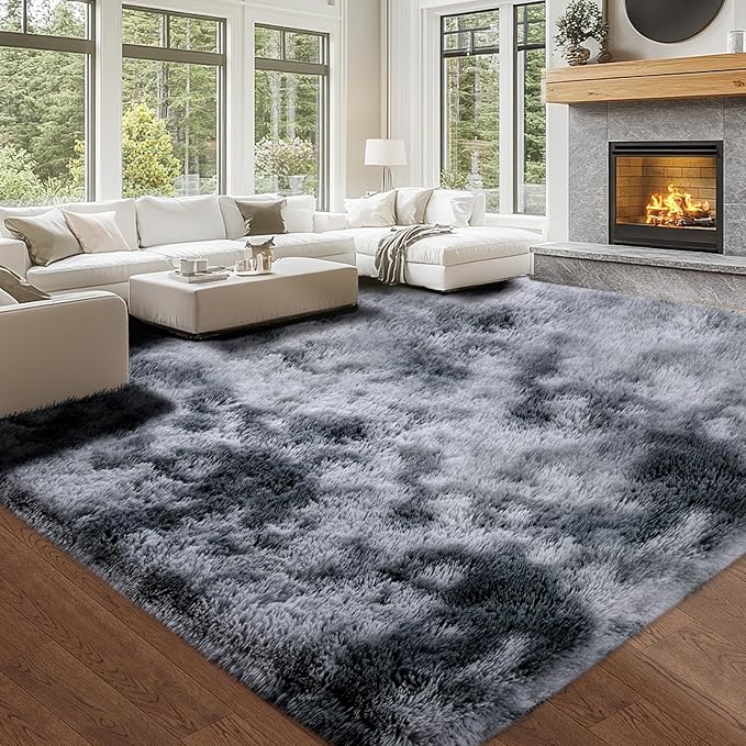 Grey Rugs for Living Room: 10x14 Large Shag Area Rugs for Living Room- Large Shag Rugs- Tie-Dyed Dark Grey Shaggy Big Mordern Indoor Carpets for Bedroom, (Tie-Dyed Dark Grey, 10x14)