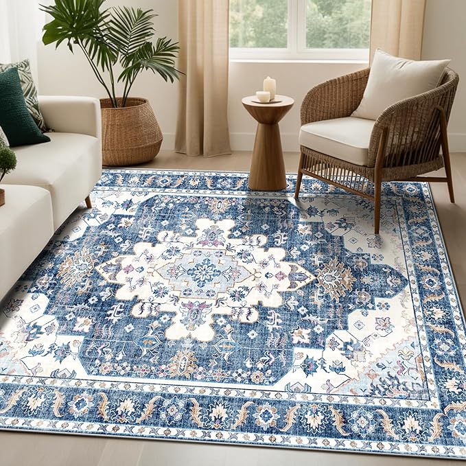 Area Rugs 5x7, Washable Rugs for Living Room, Non-Slip Rug, Boho Medallion Rug, Distressed Carpet, Low Pile Boho Rugs for Bedroom Dining Room