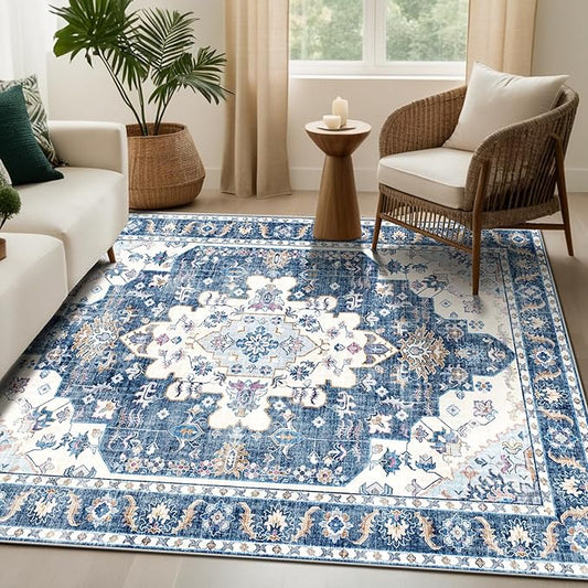 Area Rugs 5x7, Washable Rugs for Living Room, Non-Slip Rug, Boho Medallion Rug, Distressed Carpet, Low Pile Boho Rugs for Bedroom Dining Room