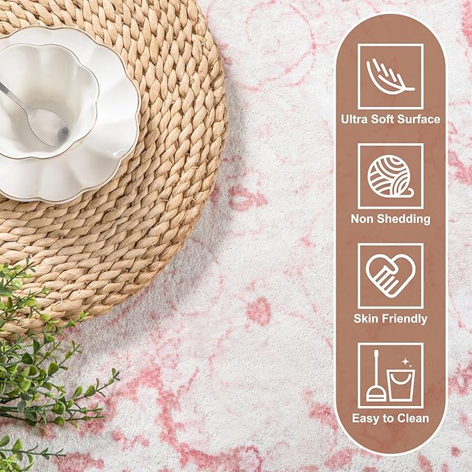 Area Rug 3x5 - Vintage Pink Honeycomb Non Slip Backing Area Rugs Soft Faux Wool Carpet Foldable & Machine Washable Rugs for Living Room Bedroom Dining Room Home Office