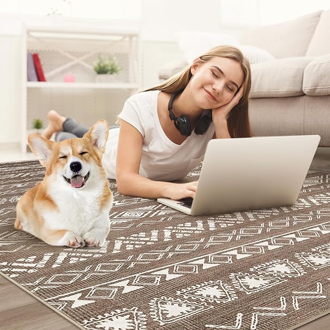 Area Rug Living Room Rugs - 10X14 Washable Boho Farmhouse Bohemian Neutral Large Moroccan Geometric Soft No Slip Indoor Thin Floor Carpet for Bedroom Under Dining Table Home Office -Dark Brown