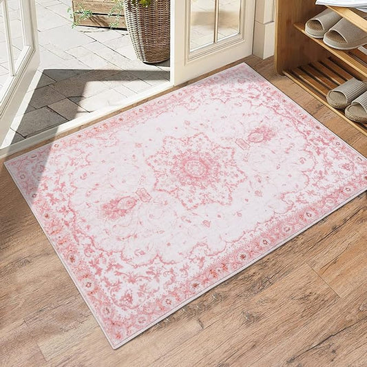 2x3 Entryway Rug, Honeycomb Non Slip Indoor Door Mat, Washable Small Area Rug, Vintage Floral Pink Rug for Bedroom Kitchen Entryway Bathroom