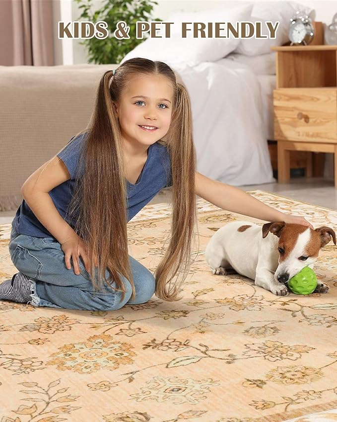 5x7 Washable Boho Area Rug for Living Room, Vintage Floral Non Slip Bedroom Rugs, Soft Low Pile Carpet for Kitchen Bathroom Farmhouse Nursery Kids Room Dining Room, Cinnamon Orange