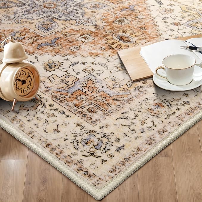 Ciicool 5x7 Area Rugs, Washable Area Rug Boho Rugs for Living Room Non-Slip Indoor Rugs Large Low-Pile Mat Floor Carpet Vintage Rug for Bedroom Office Dinning Foyer Decor