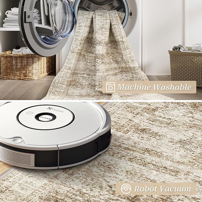 3x10 Runner Rug Non Slip Washable for Entryway, Vintage Hallway Runner for Front Porch, Laundry Room, Bedroom, Abstract Stain Resistant Thin Indoor Kitchen Mats for Floor(3'x10', Brown/Ivory)
